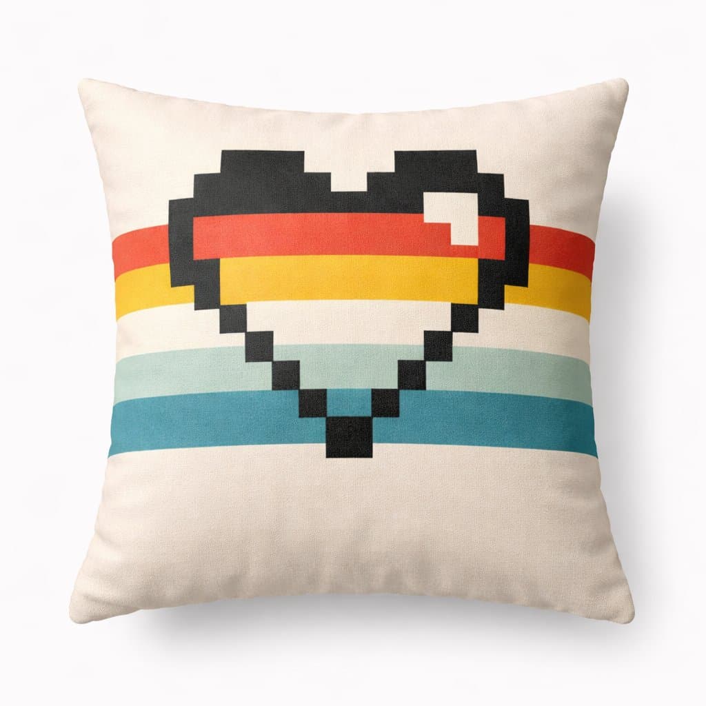Pixel Heart Accent Pillow with a retro rainbow heart graphic
