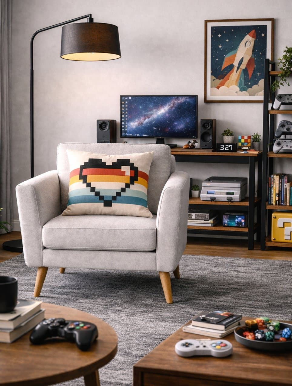 Gaming lounge scene with an ivory chair, pixel heart pillow, floor lamp, retro controllers, and rocket wall art